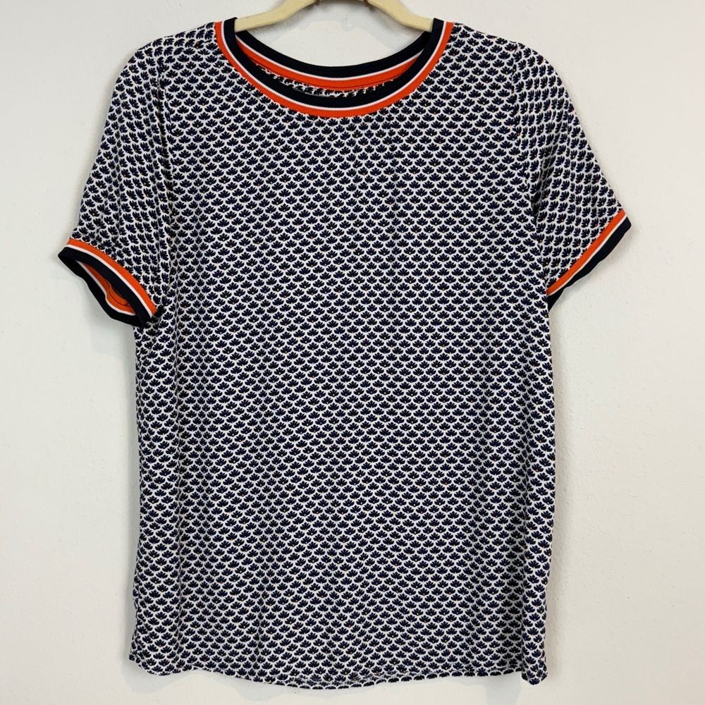 Fransa Viscose Ringer Printed Short Sleeve T-Shirt Navy Orange S